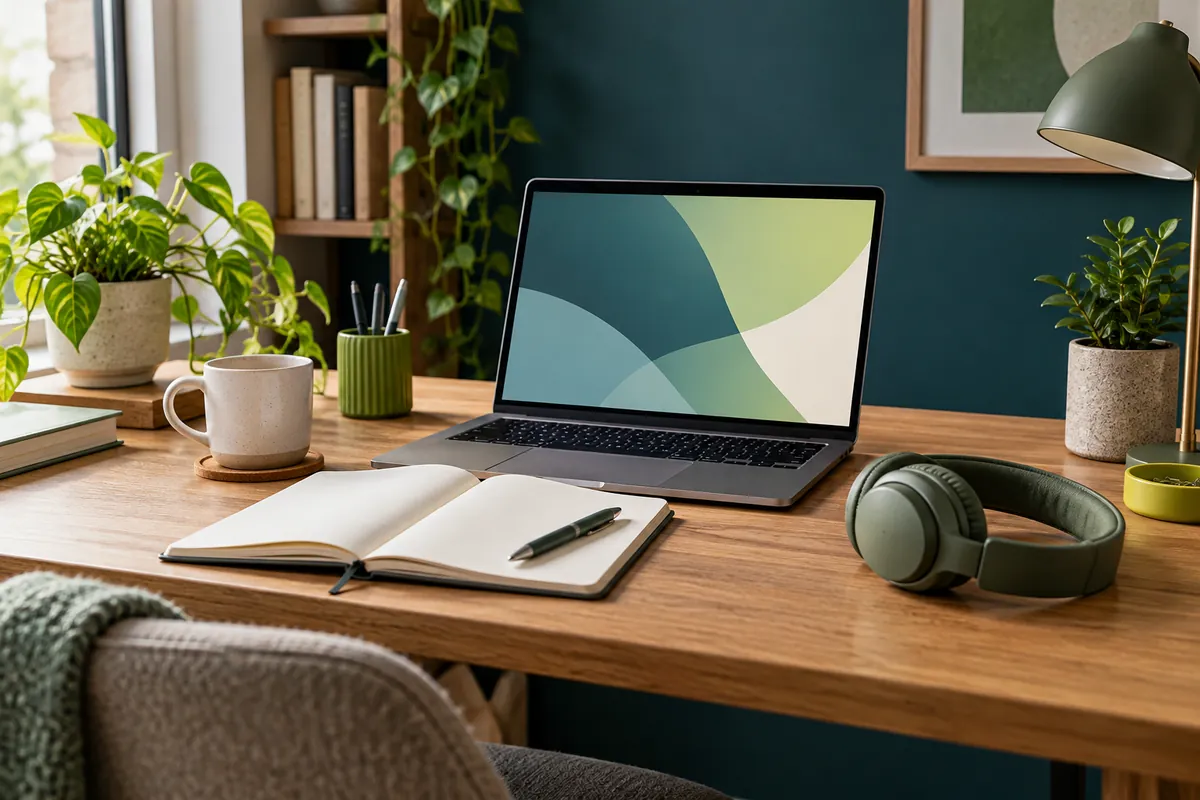 Mesa de estudos com notebook, caderno e fones de ouvido